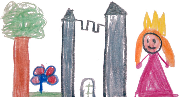 Kinderbild: Baum, Blume, Schloss und Prinzessin